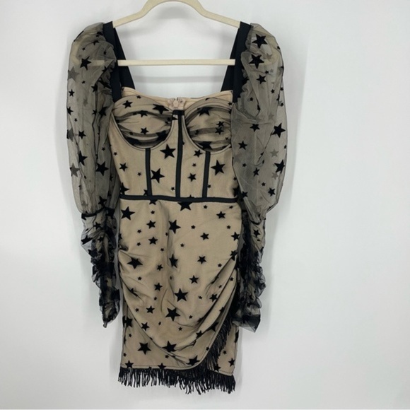 Chicida Puff Long Sleeve Mesh Patchwork Fringed Bandage Dress stars - Picture 2 of 8